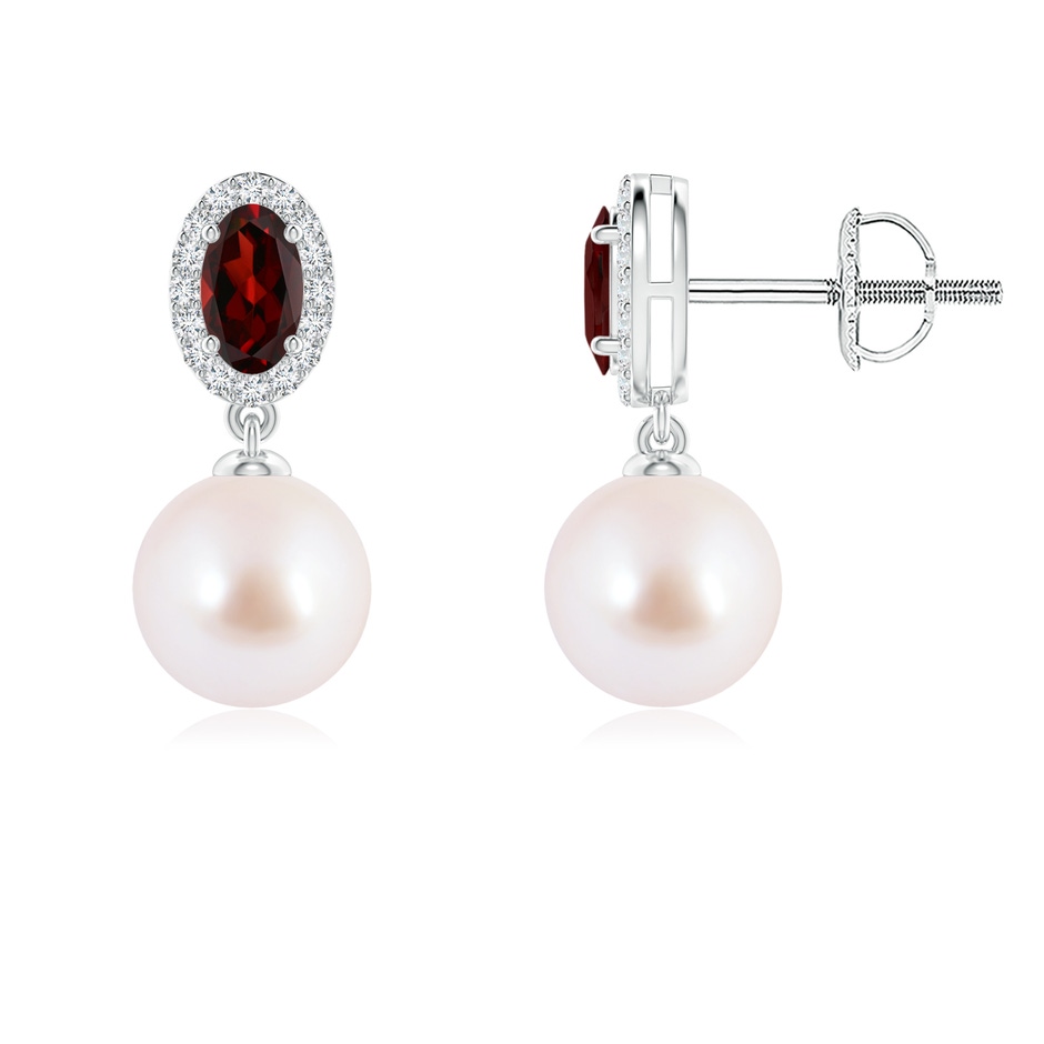 7mm AAA Japanese Akoya Pearl Halo Earrings with Oval Garnet in White Gold 