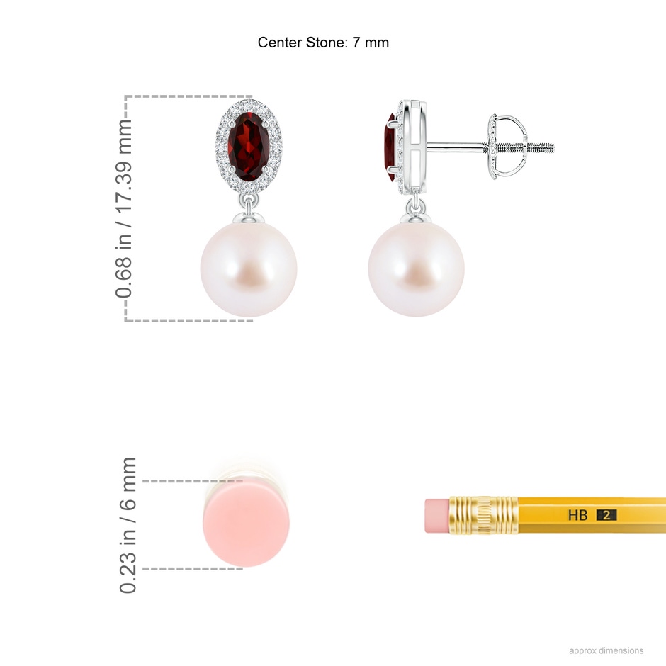 7mm AAA Japanese Akoya Pearl Halo Earrings with Oval Garnet in White Gold ruler