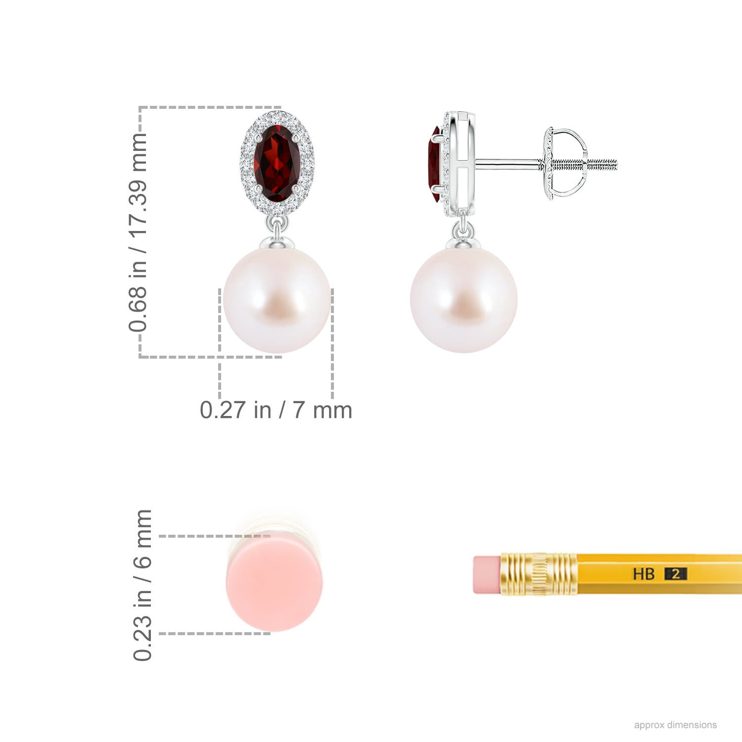 7mm AAA Japanese Akoya Pearl Halo Earrings with Oval Garnet in White Gold - ruler