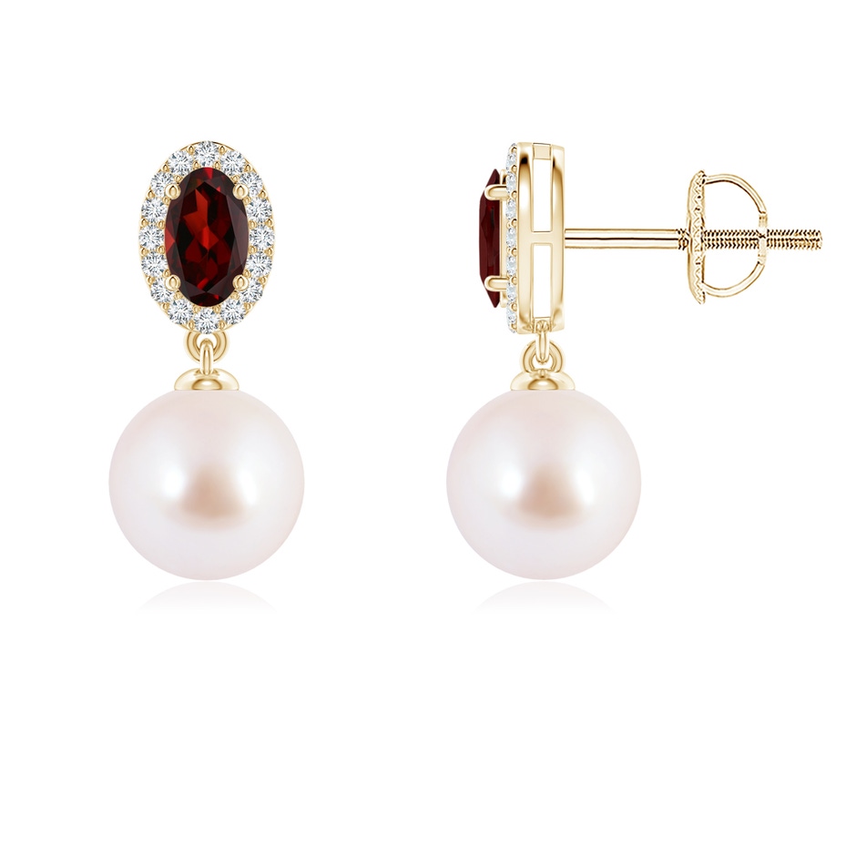 7mm AAA Japanese Akoya Pearl Halo Earrings with Oval Garnet in Yellow Gold 