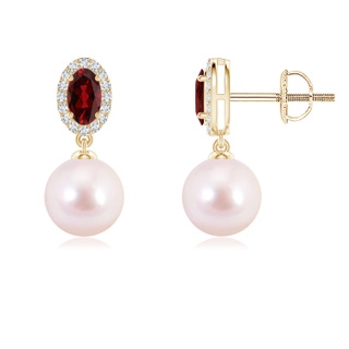 7mm AAAA Japanese Akoya Pearl Halo Earrings with Oval Garnet in 18K Yellow Gold