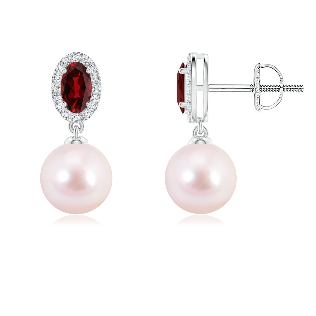 7mm AAAA Japanese Akoya Pearl Halo Earrings with Oval Garnet in P950 Platinum