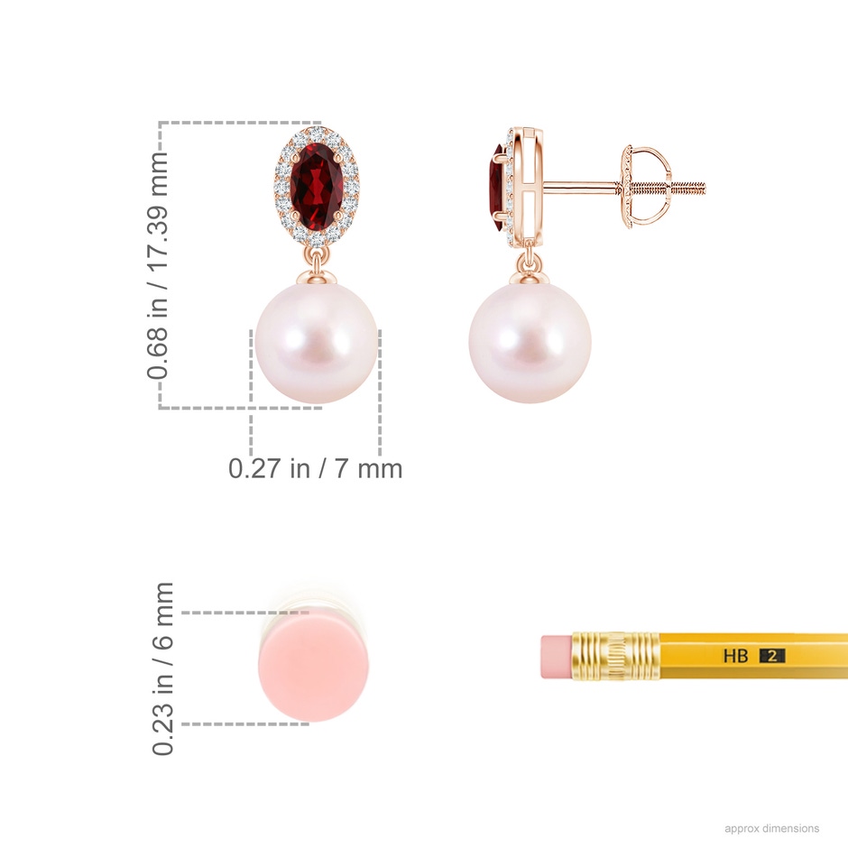 7mm AAAA Japanese Akoya Pearl Halo Earrings with Oval Garnet in Rose Gold ruler