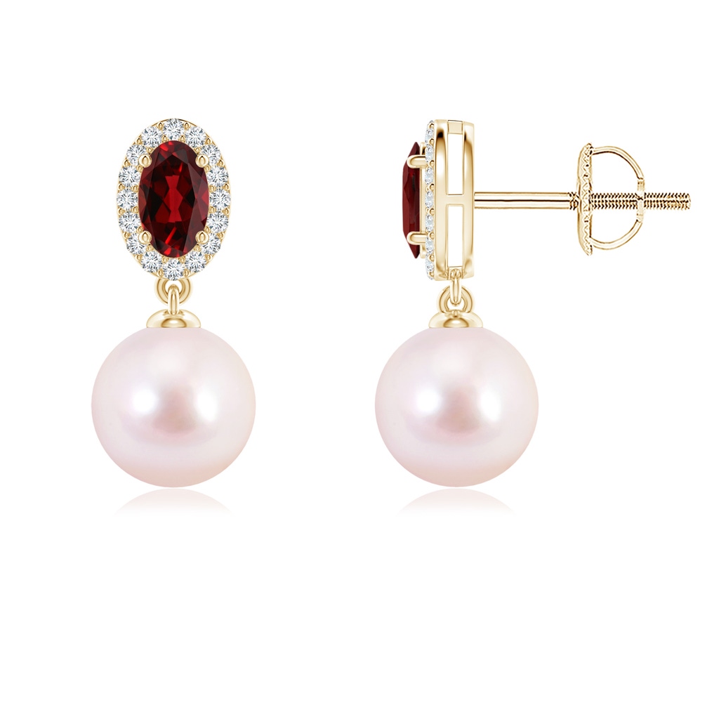 7mm AAAA Japanese Akoya Pearl Halo Earrings with Oval Garnet in Yellow Gold