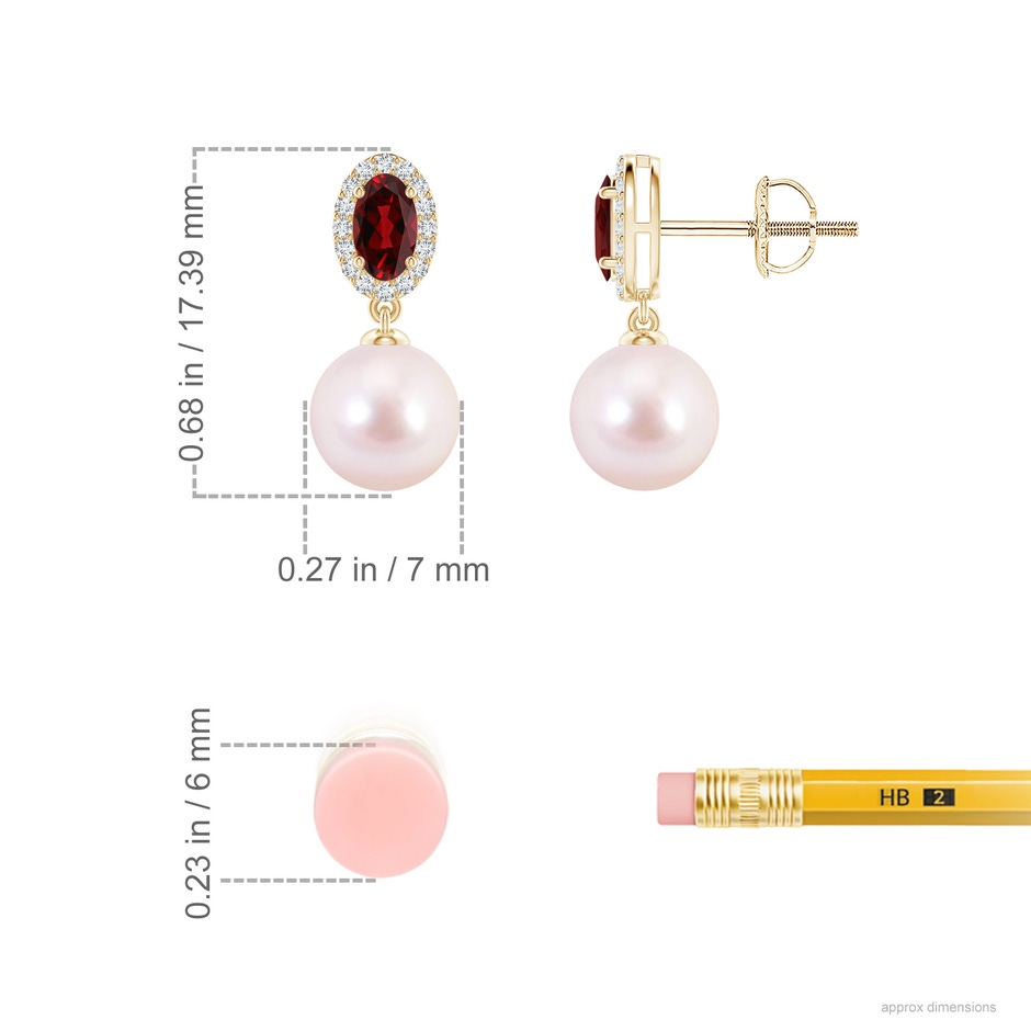 7mm AAAA Japanese Akoya Pearl Halo Earrings with Oval Garnet in Yellow Gold ruler