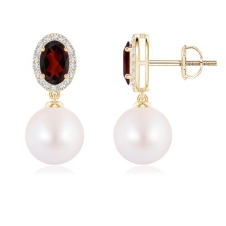 8mm AA Japanese Akoya Pearl Halo Earrings with Oval Garnet in Yellow Gold