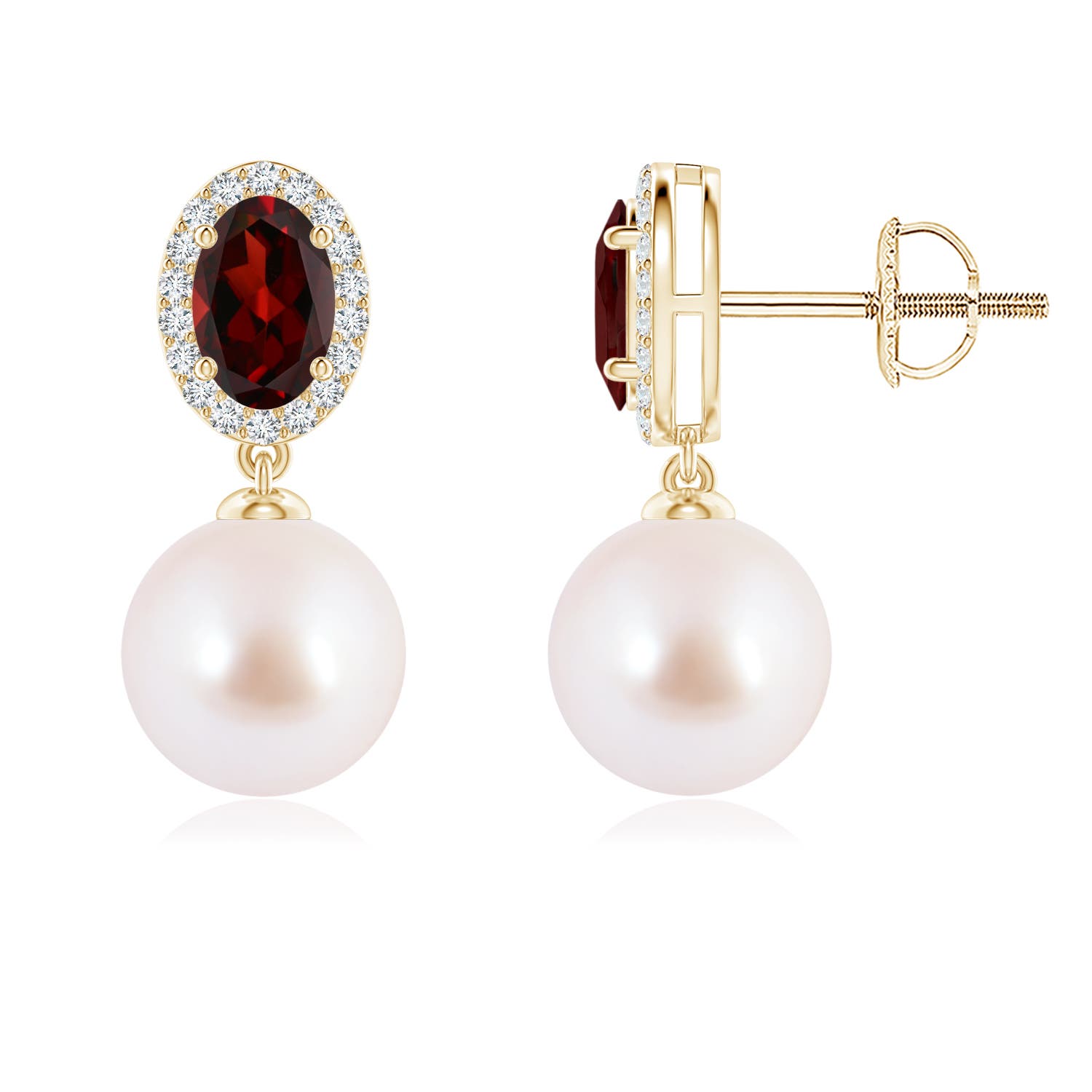 8mm AAA Japanese Akoya Pearl Halo Earrings with Oval Garnet in 18K Yellow Gold