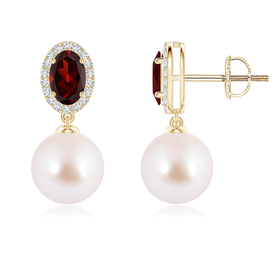 8mm AAA Japanese Akoya Pearl Halo Earrings with Oval Garnet in 18K Yellow Gold 