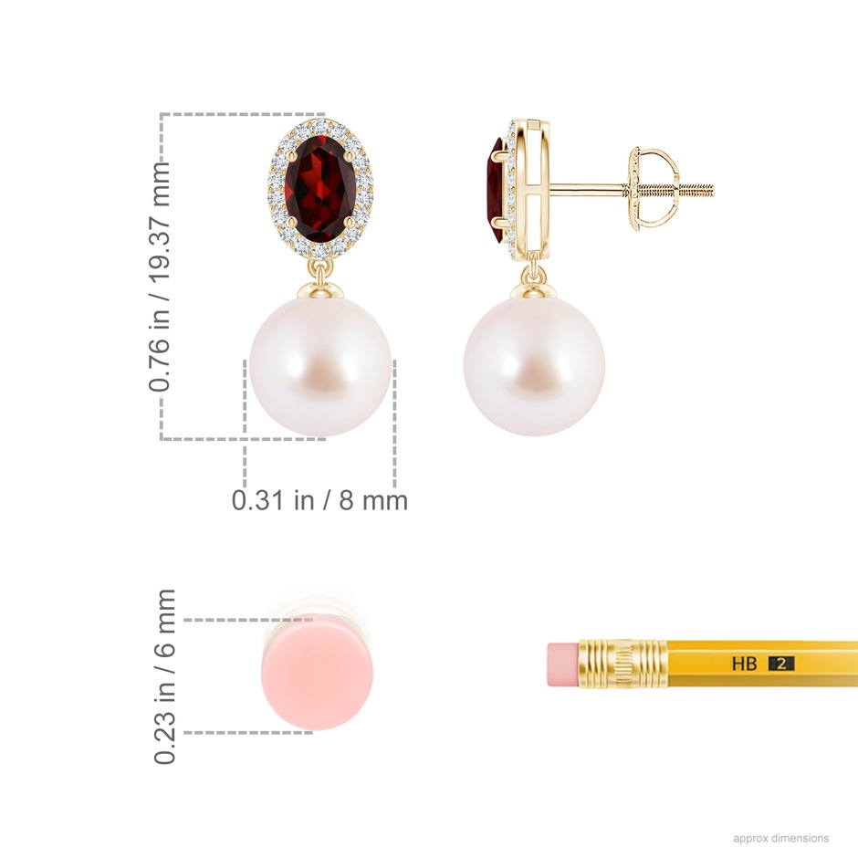 8mm AAA Japanese Akoya Pearl Halo Earrings with Oval Garnet in 18K Yellow Gold ruler
