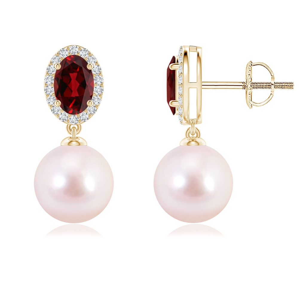 8mm AAAA Japanese Akoya Pearl Halo Earrings with Oval Garnet in 18K Yellow Gold
