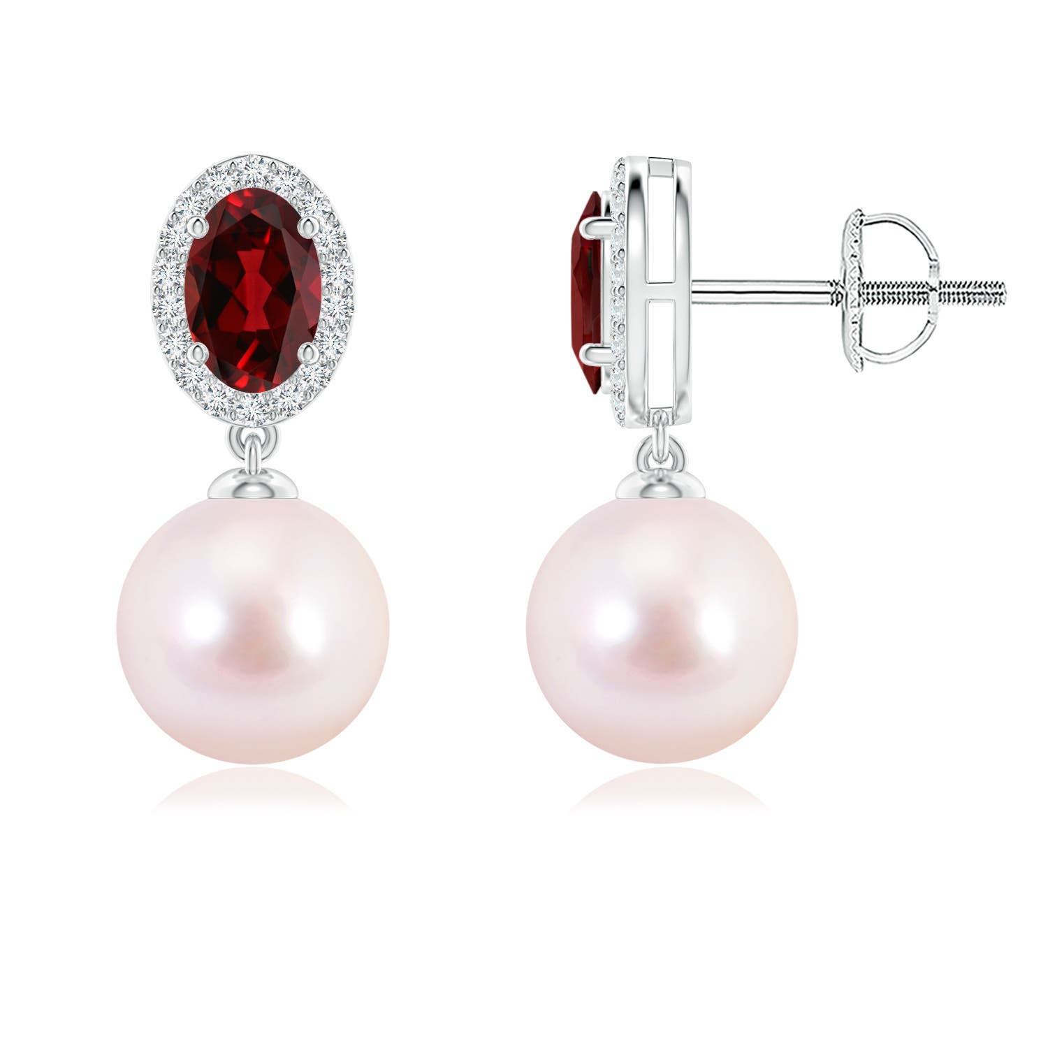 8mm AAAA Japanese Akoya Pearl Halo Earrings with Oval Garnet in White Gold