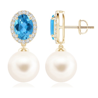10mm AAA Freshwater Pearl Earrings with Swiss Blue Topaz in Yellow Gold