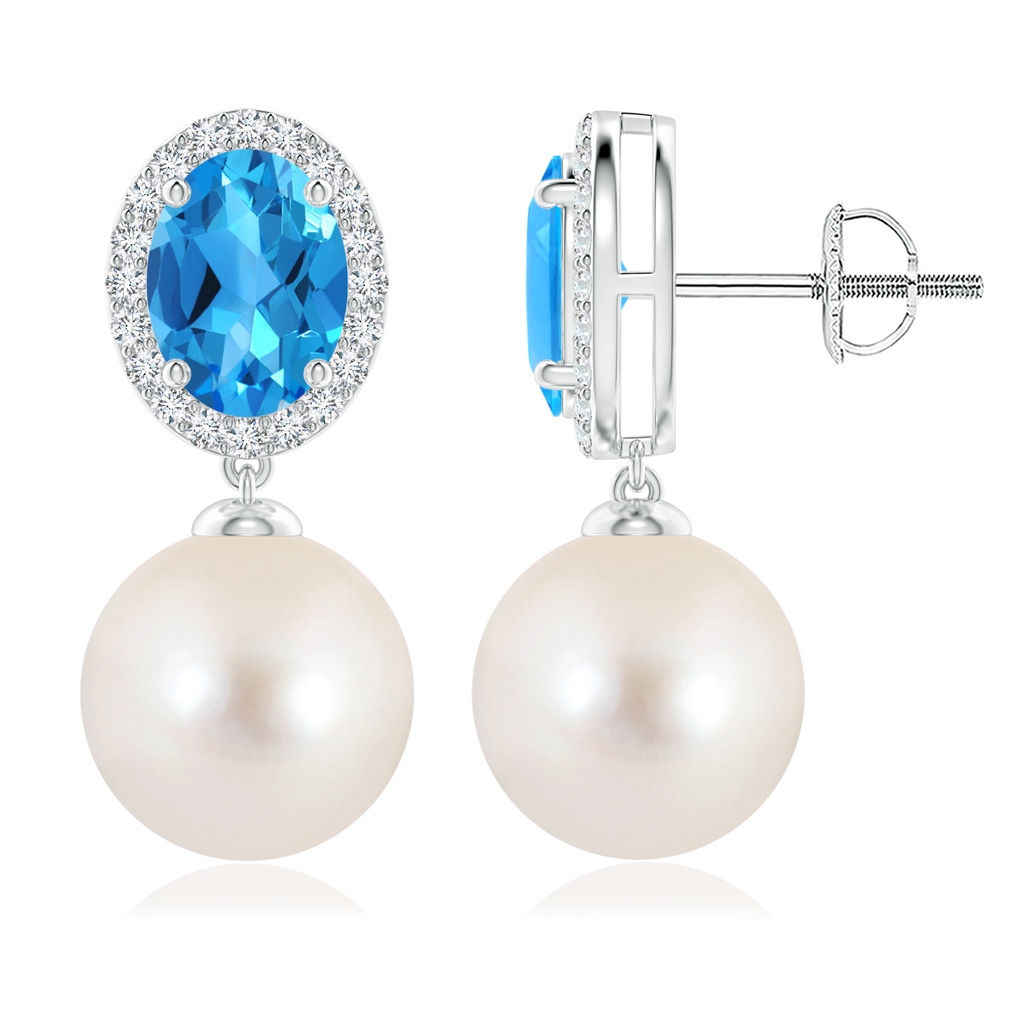 10mm AAAA Freshwater Pearl Earrings with Swiss Blue Topaz in P950 Platinum