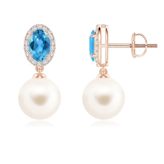 8mm AAA Freshwater Pearl Earrings with Swiss Blue Topaz in Rose Gold