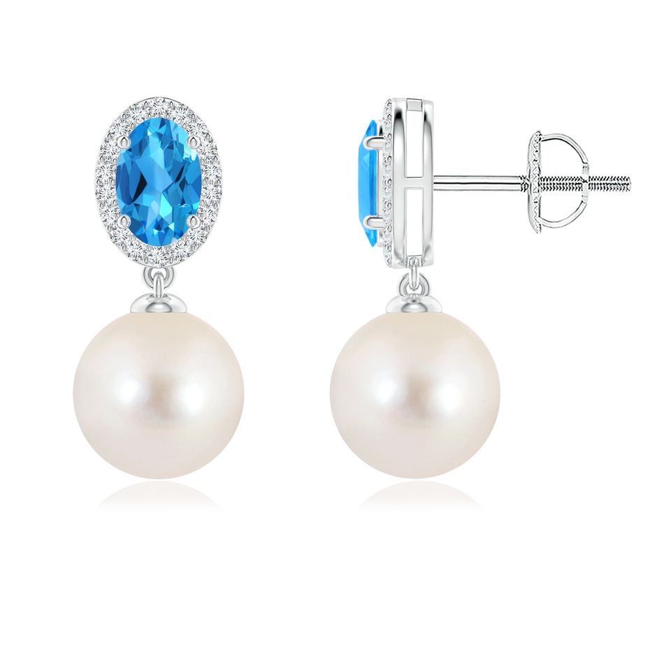 8mm AAAA Freshwater Pearl Earrings with Swiss Blue Topaz in White Gold 