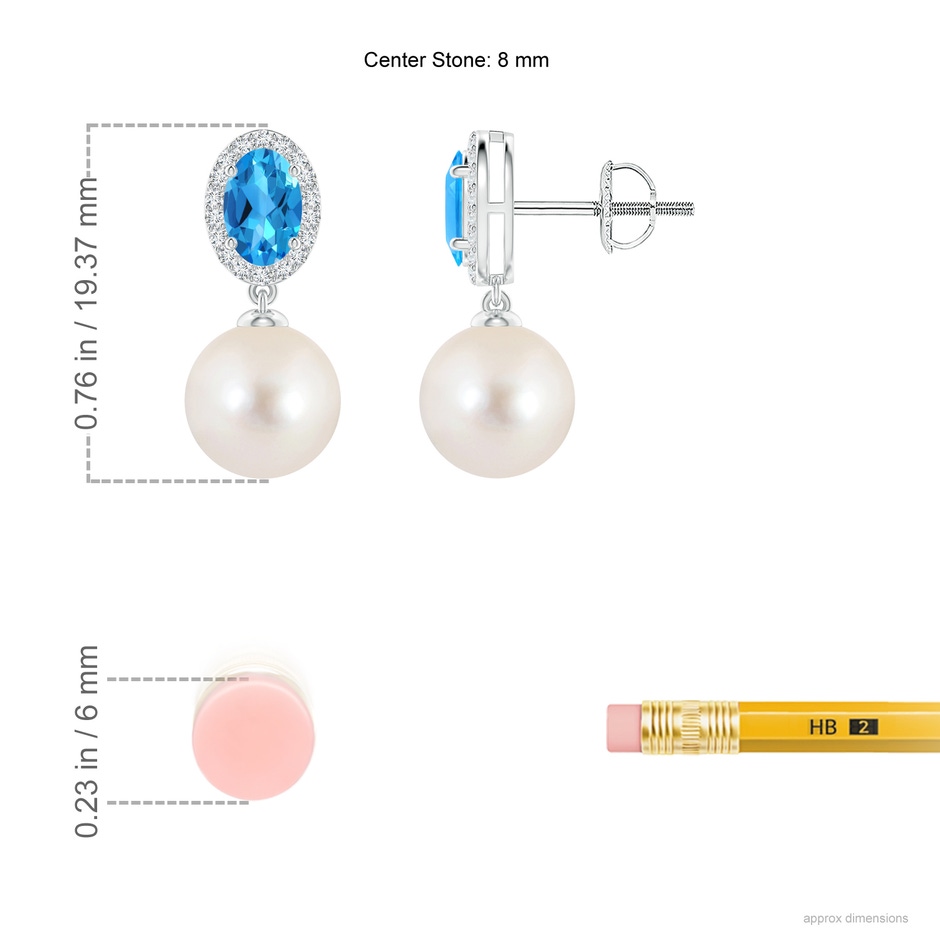 8mm AAAA Freshwater Pearl Earrings with Swiss Blue Topaz in White Gold ruler