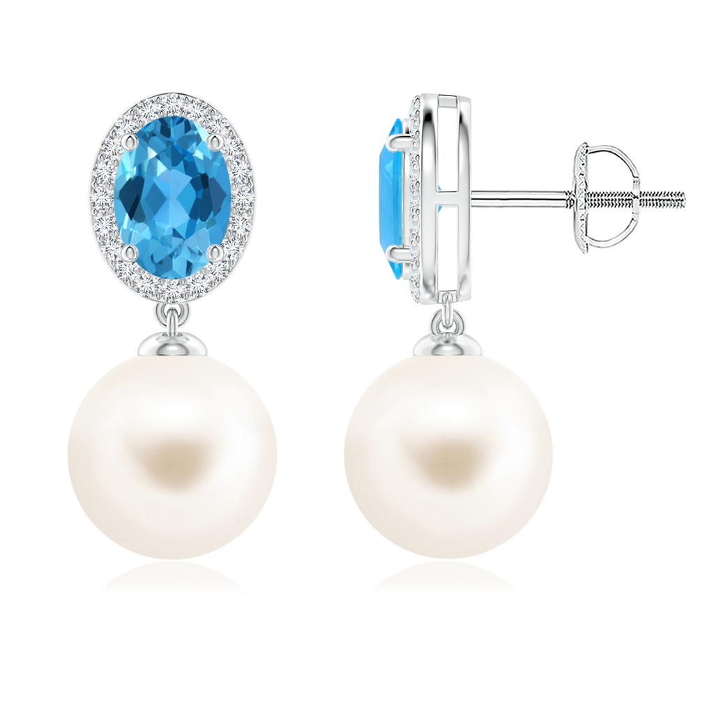 9mm AAA Freshwater Pearl Earrings with Swiss Blue Topaz in White Gold