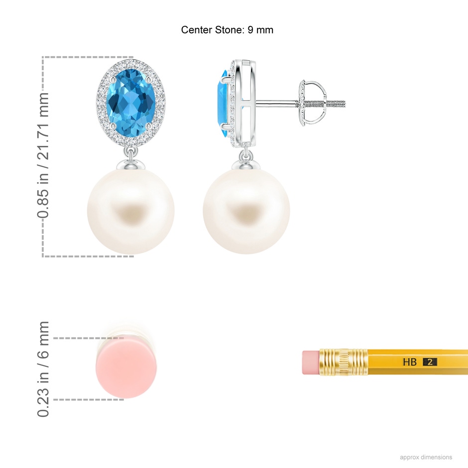 9mm AAA Freshwater Pearl Earrings with Swiss Blue Topaz in White Gold ruler