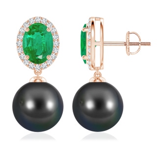 10mm AA Tahitian Pearl Halo Earrings with Oval Emerald in Rose Gold