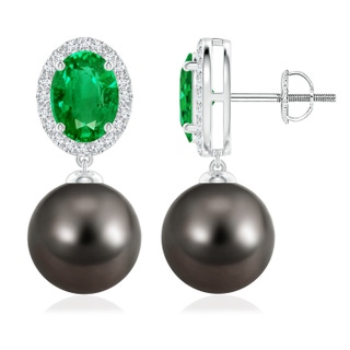 10mm AAA Tahitian Pearl Halo Earrings with Oval Emerald in P950 Platinum