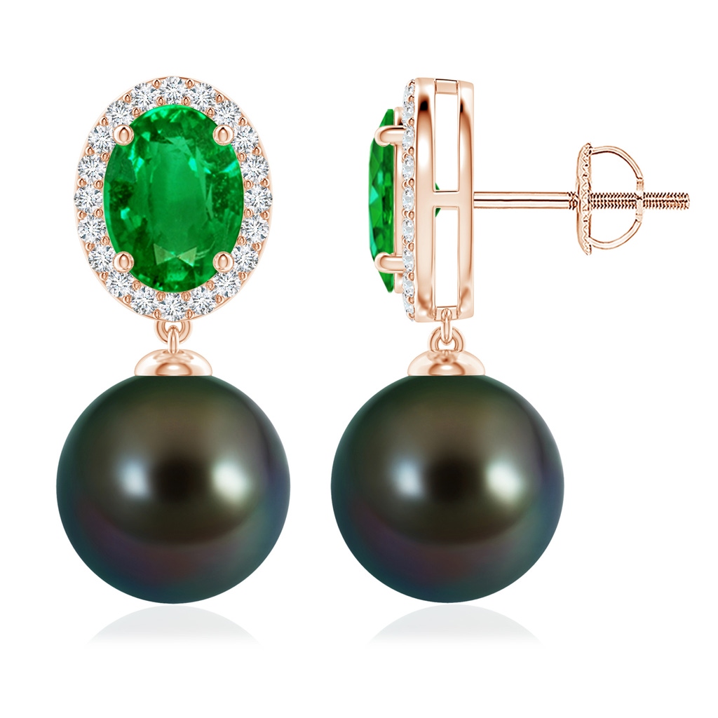 10mm AAAA Tahitian Pearl Halo Earrings with Oval Emerald in Rose Gold