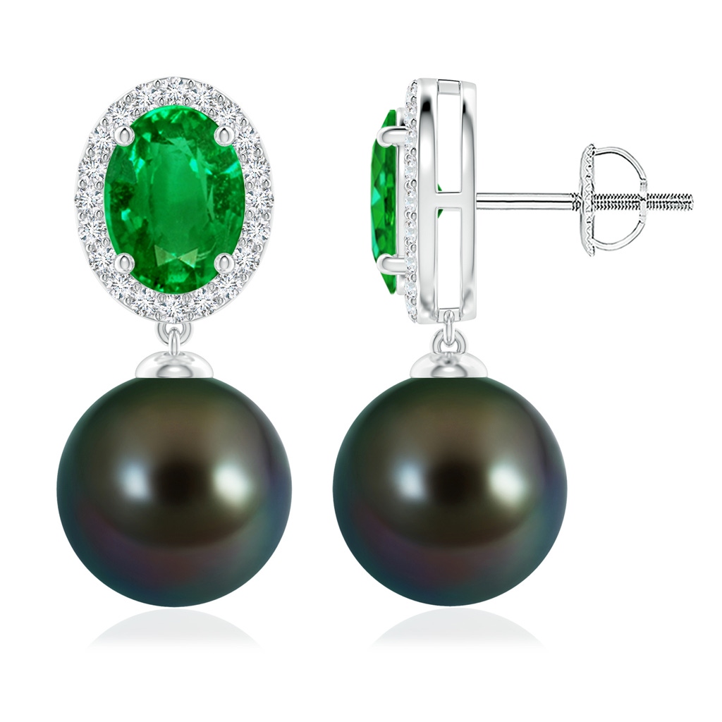 10mm AAAA Tahitian Pearl Halo Earrings with Oval Emerald in White Gold