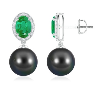 9mm AA Tahitian Pearl Halo Earrings with Oval Emerald in P950 Platinum