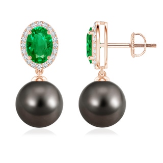 9mm AAA Tahitian Pearl Halo Earrings with Oval Emerald in Rose Gold