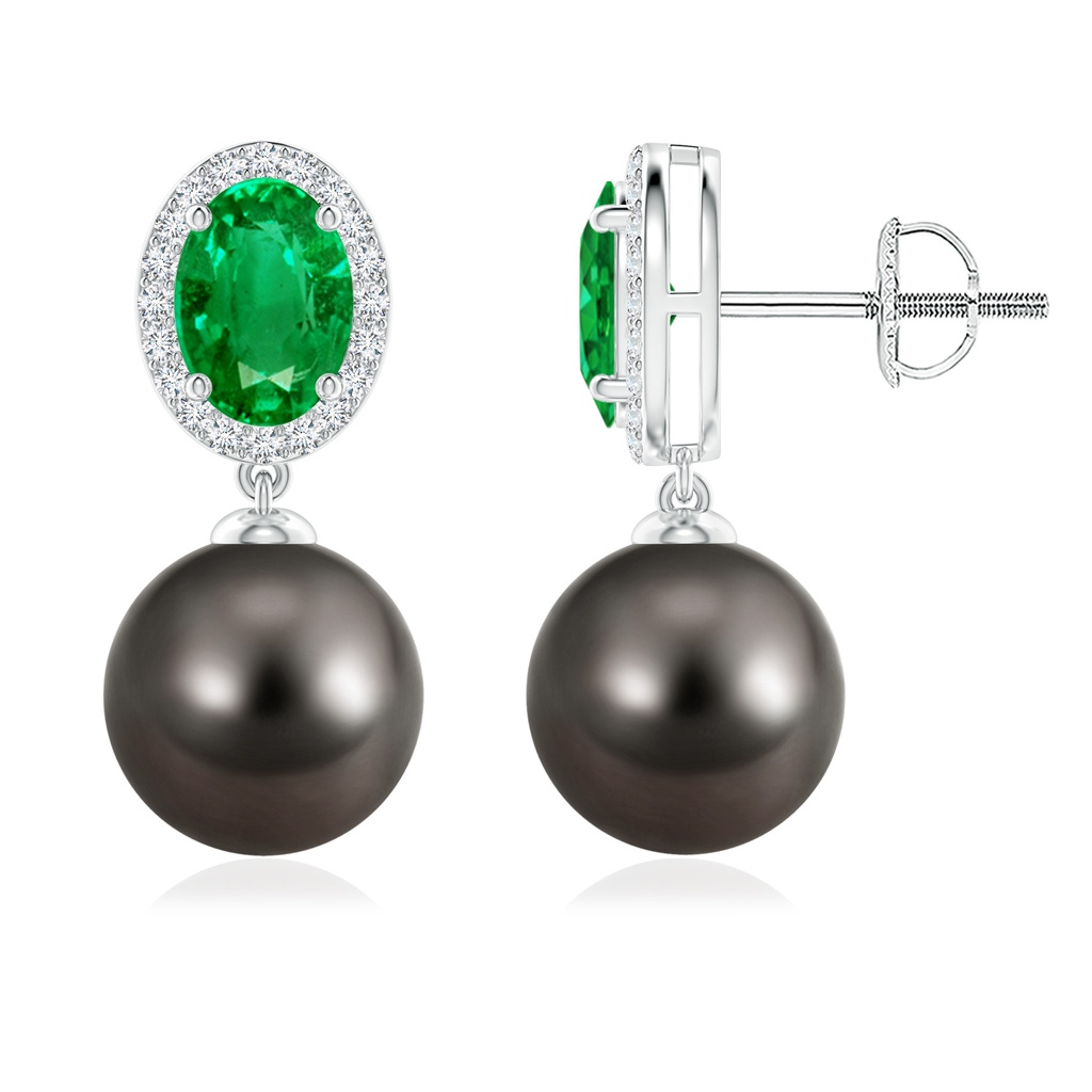 9mm AAA Tahitian Pearl Halo Earrings with Oval Emerald in White Gold