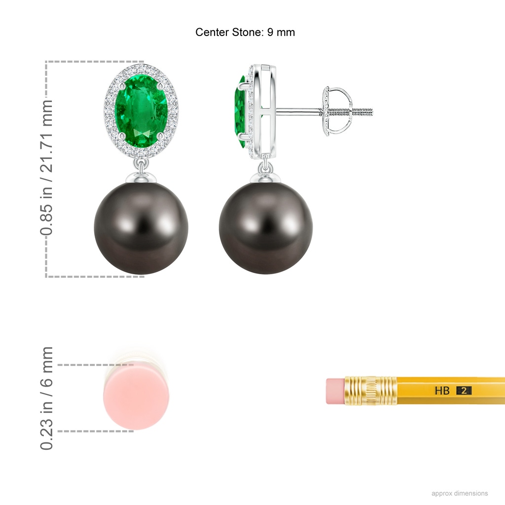 9mm AAA Tahitian Pearl Halo Earrings with Oval Emerald in White Gold Ruler