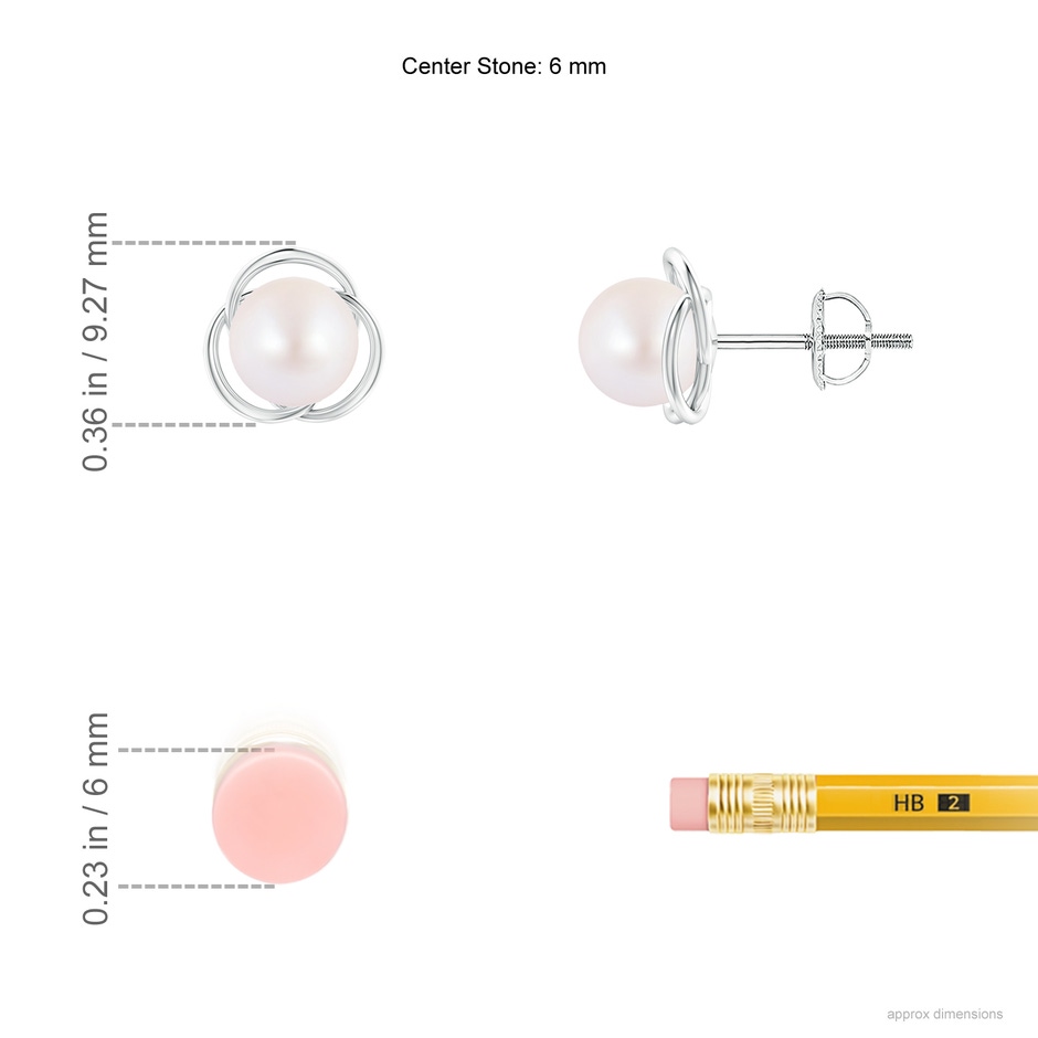 6mm AA Japanese Akoya Pearl Love Knot Studs in White Gold ruler
