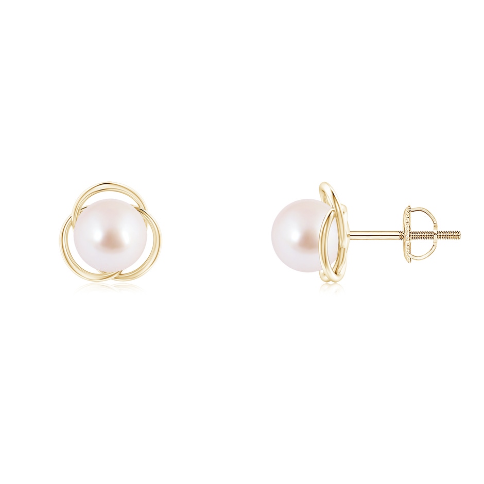 6mm AAA Japanese Akoya Pearl Love Knot Studs in Yellow Gold 