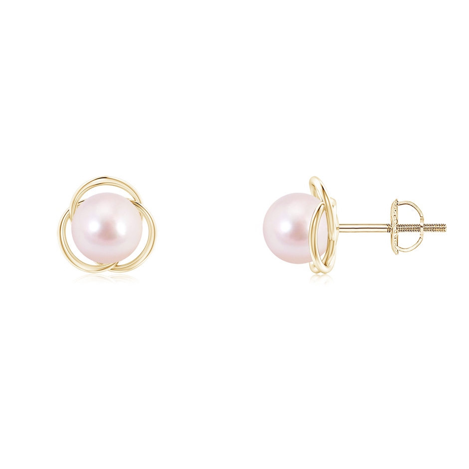 6mm AAAA Japanese Akoya Pearl Love Knot Studs in Yellow Gold 