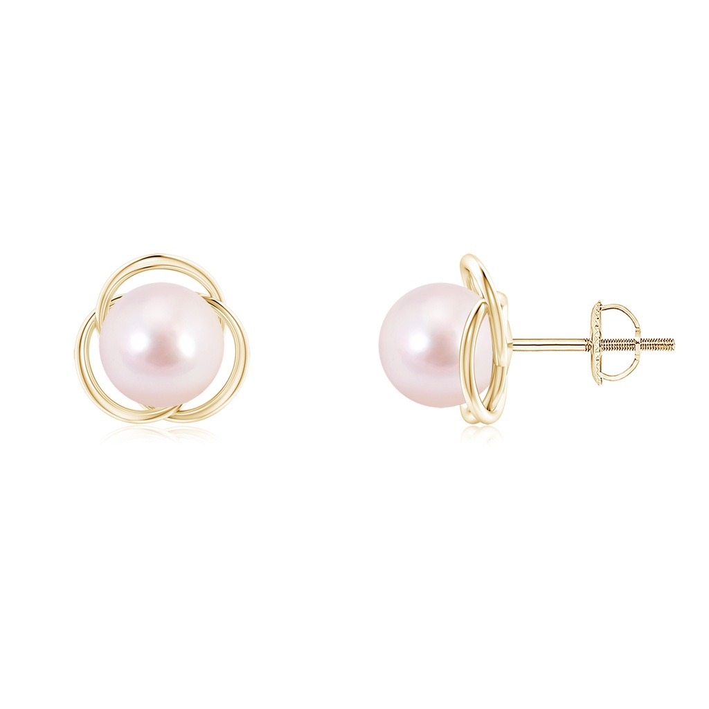 7mm AAAA Japanese Akoya Pearl Love Knot Studs in Yellow Gold