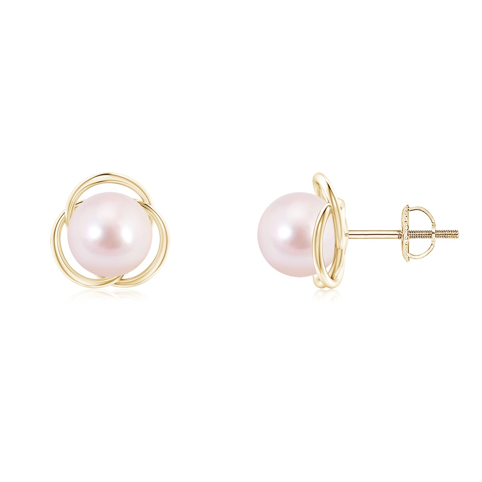 7mm AAAA Japanese Akoya Pearl Love Knot Studs in Yellow Gold 