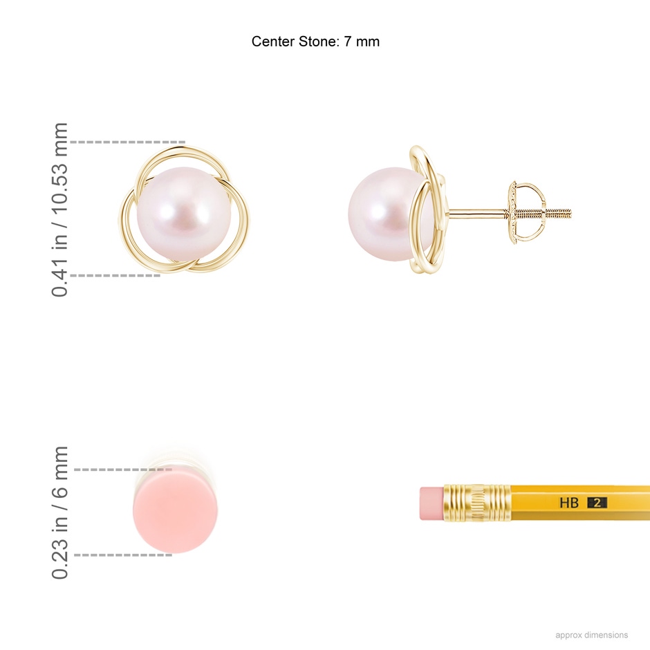 7mm AAAA Japanese Akoya Pearl Love Knot Studs in Yellow Gold ruler