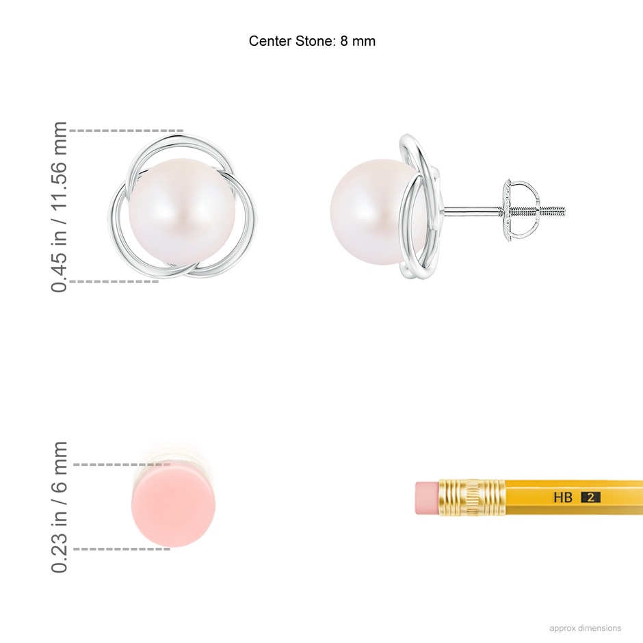 8mm AA Japanese Akoya Pearl Love Knot Studs in White Gold ruler