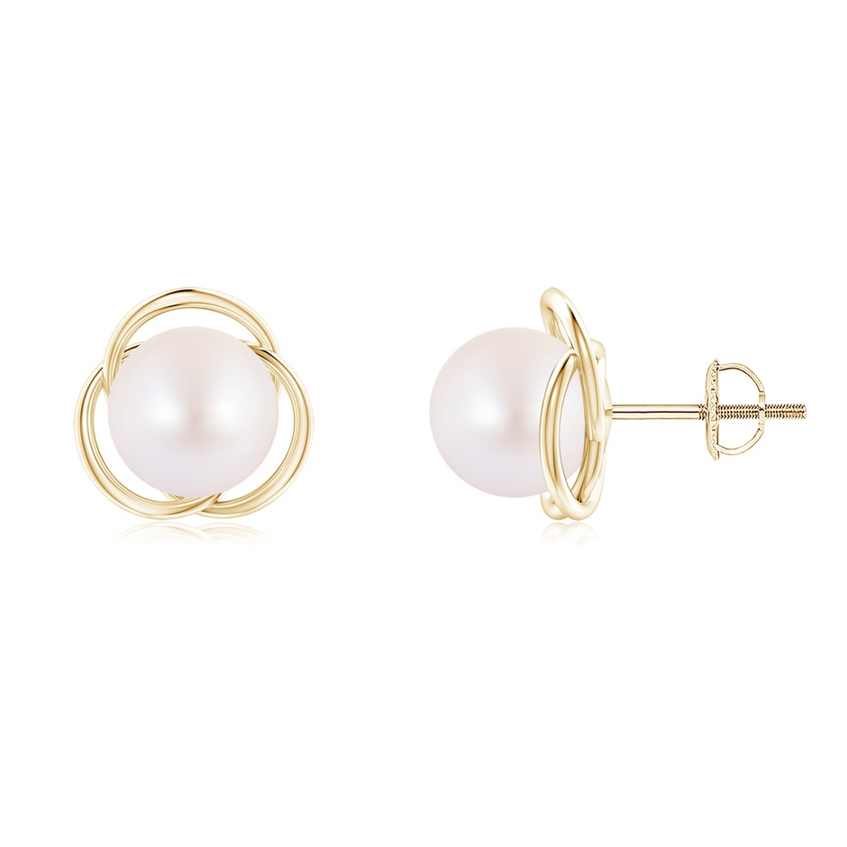 8mm AA Japanese Akoya Pearl Love Knot Studs in Yellow Gold 