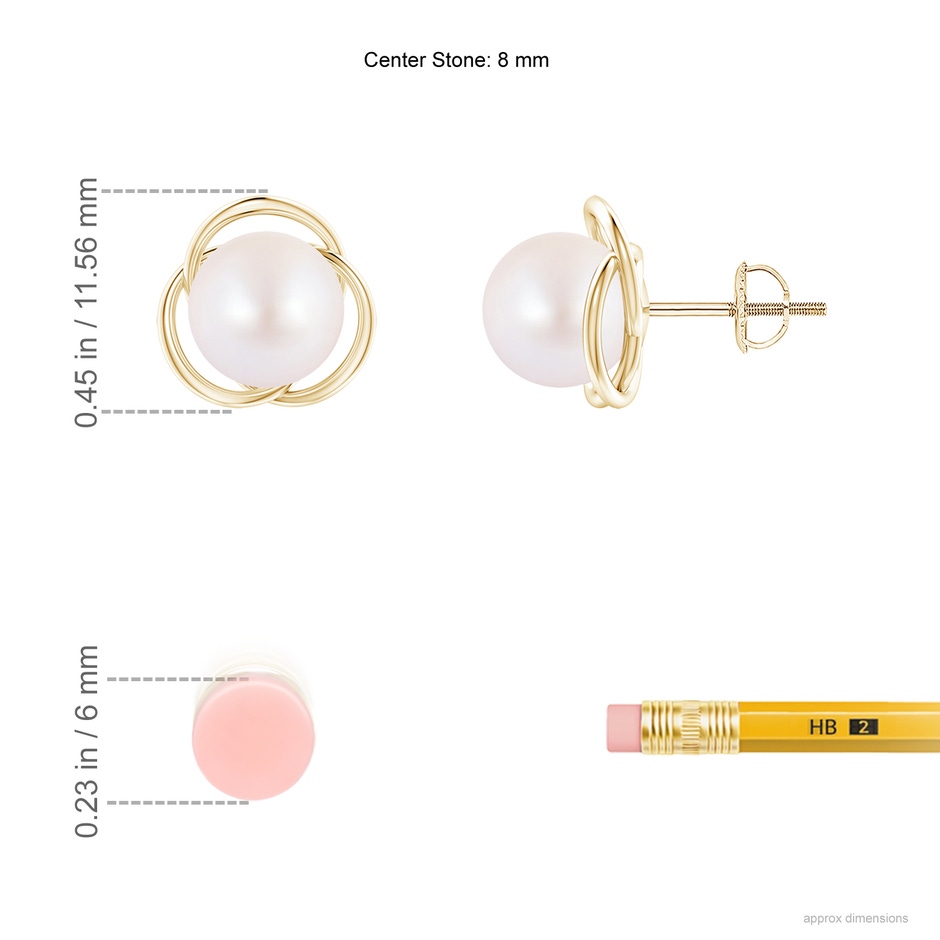 8mm AA Japanese Akoya Pearl Love Knot Studs in Yellow Gold ruler