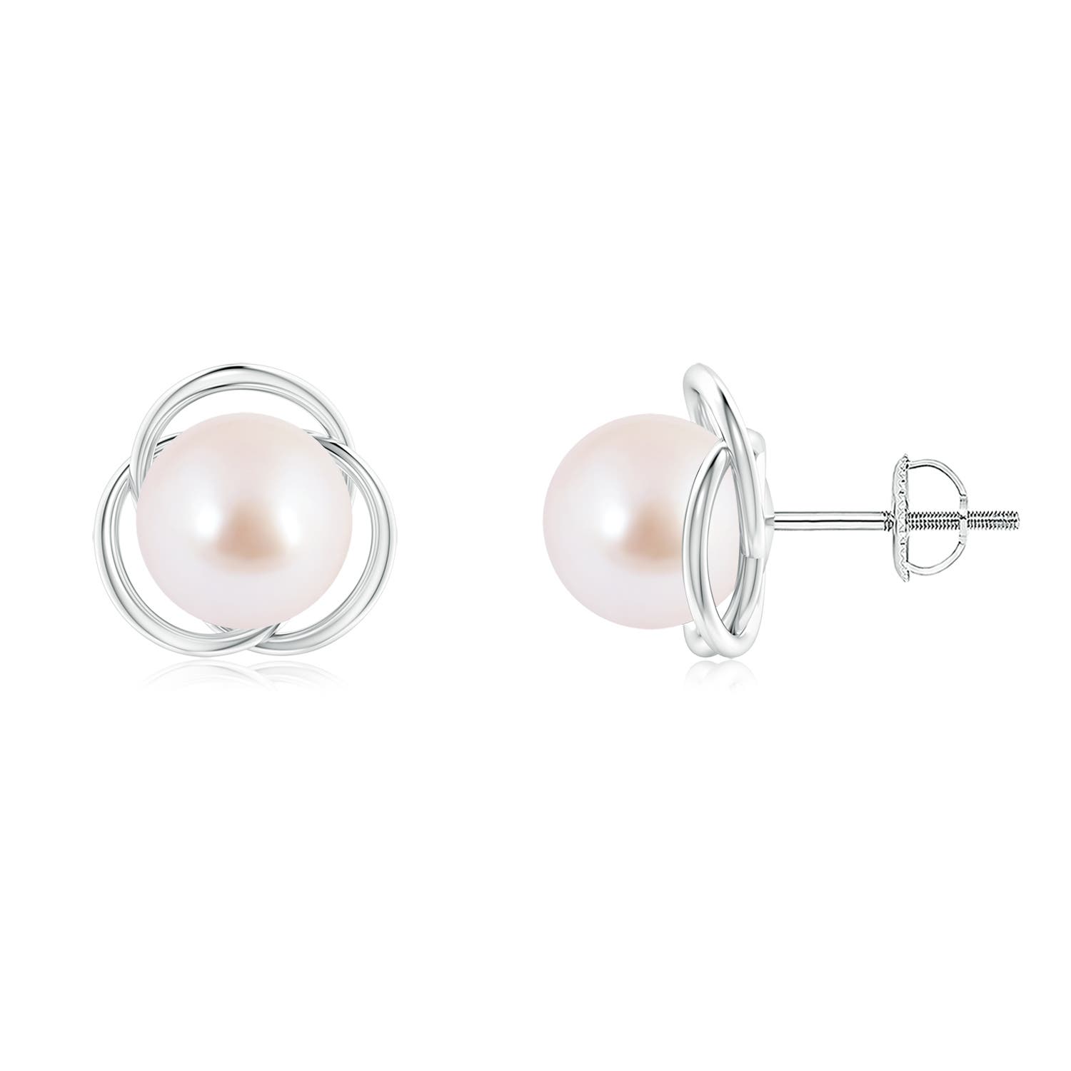 8mm AAA Japanese Akoya Pearl Love Knot Studs in White Gold