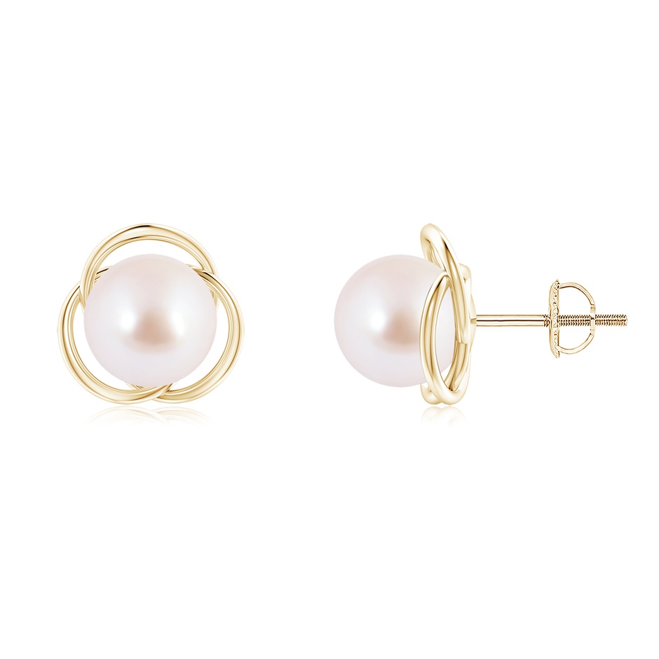 8mm AAA Japanese Akoya Pearl Love Knot Studs in Yellow Gold 