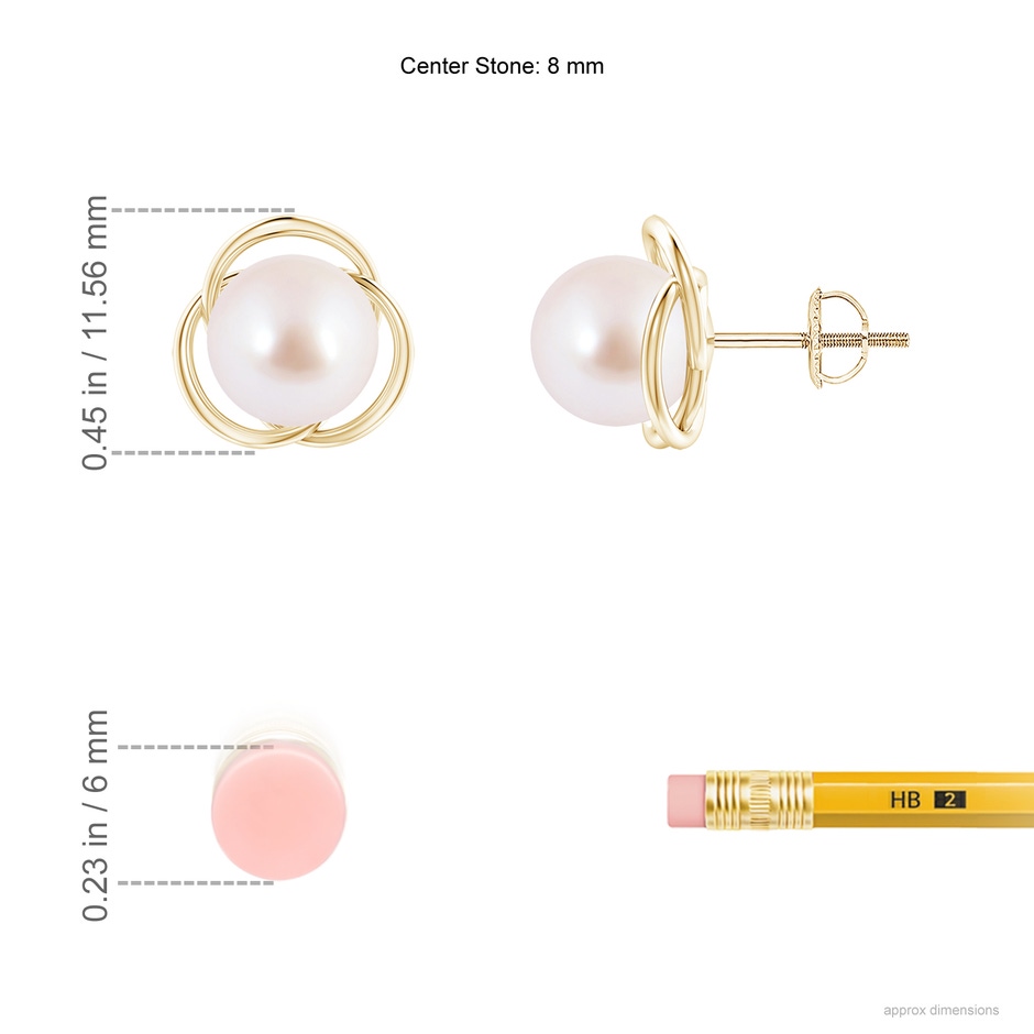 8mm AAA Japanese Akoya Pearl Love Knot Studs in Yellow Gold ruler