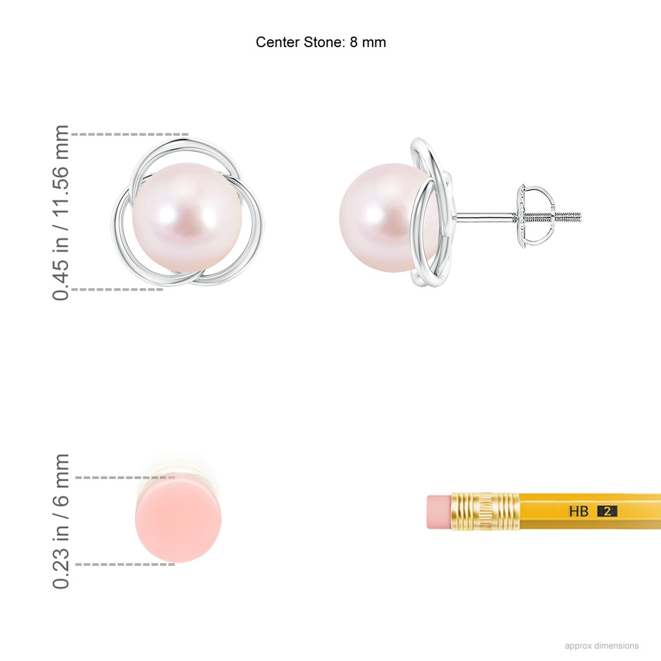 8mm AAAA Japanese Akoya Pearl Love Knot Studs in P950 Platinum ruler
