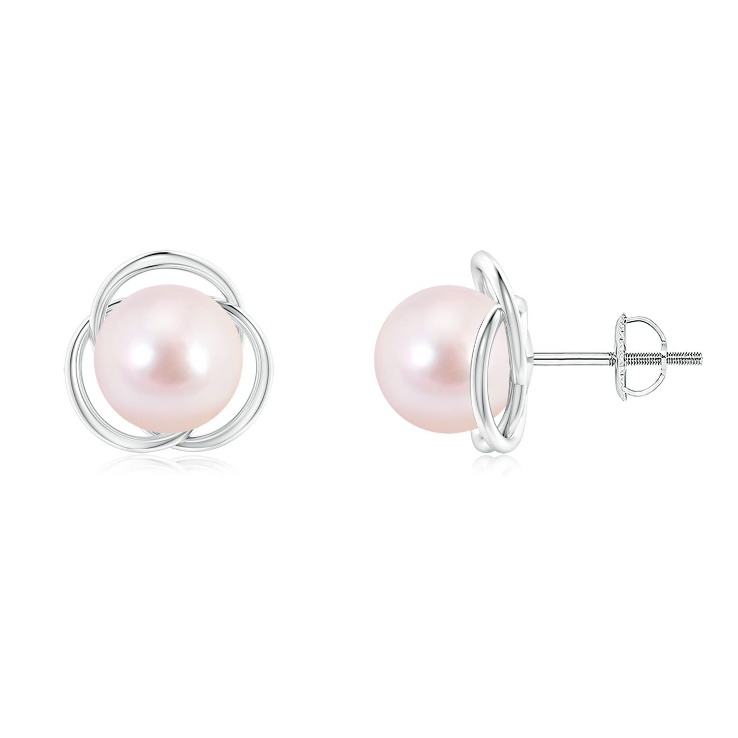 8mm AAAA Japanese Akoya Pearl Love Knot Studs in White Gold