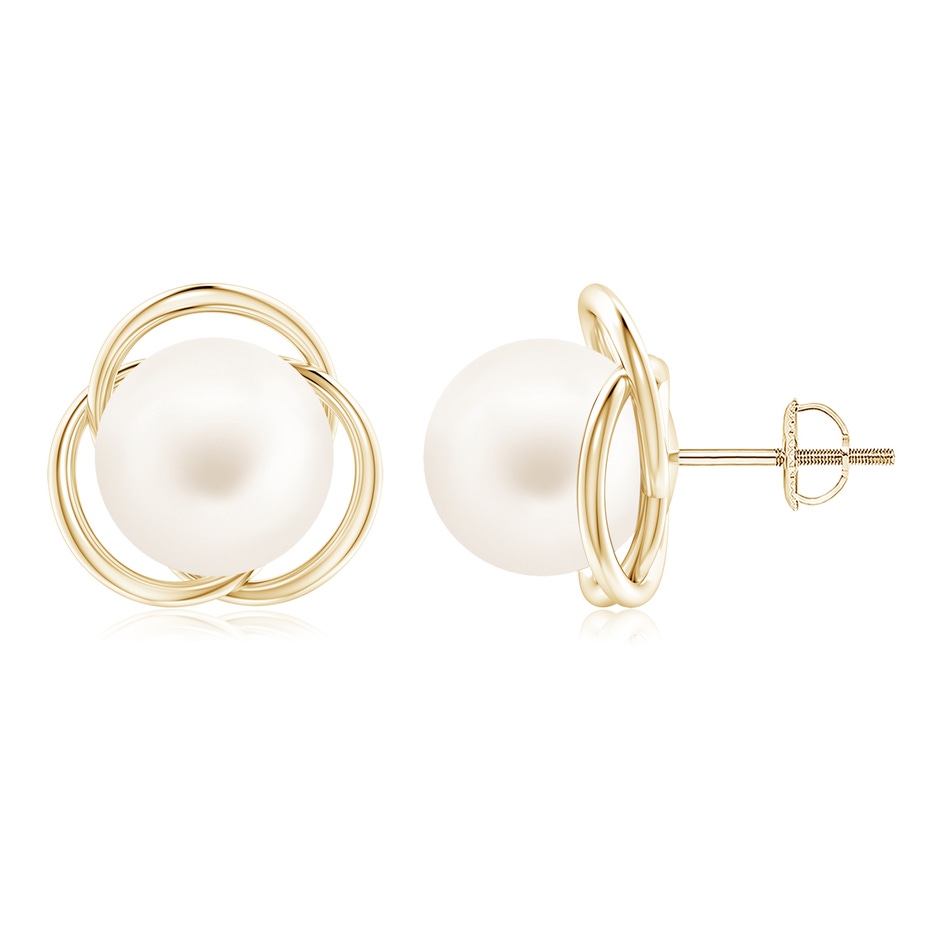 10mm AA Freshwater Pearl Love Knot Studs in Yellow Gold 