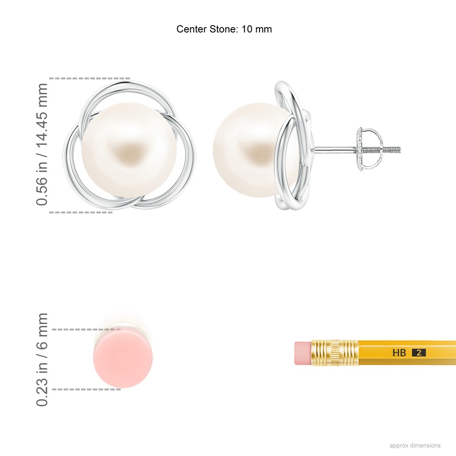 10mm AAA Freshwater Pearl Love Knot Studs in White Gold ruler