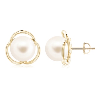 10mm AAA Freshwater Pearl Love Knot Studs in Yellow Gold