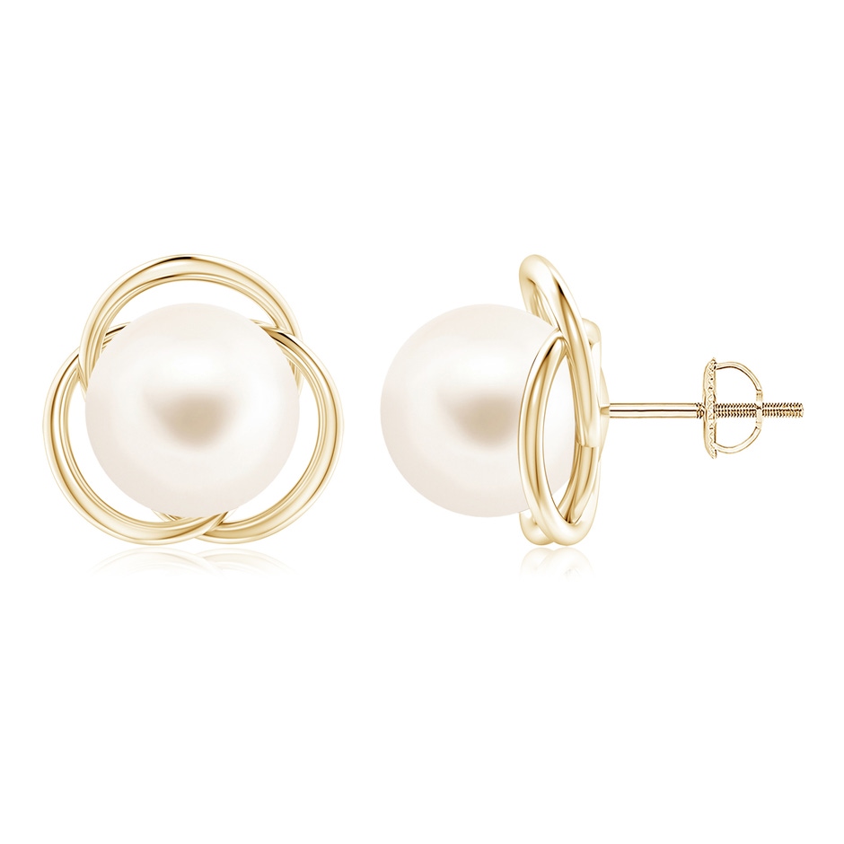10mm AAA Freshwater Pearl Love Knot Studs in Yellow Gold 