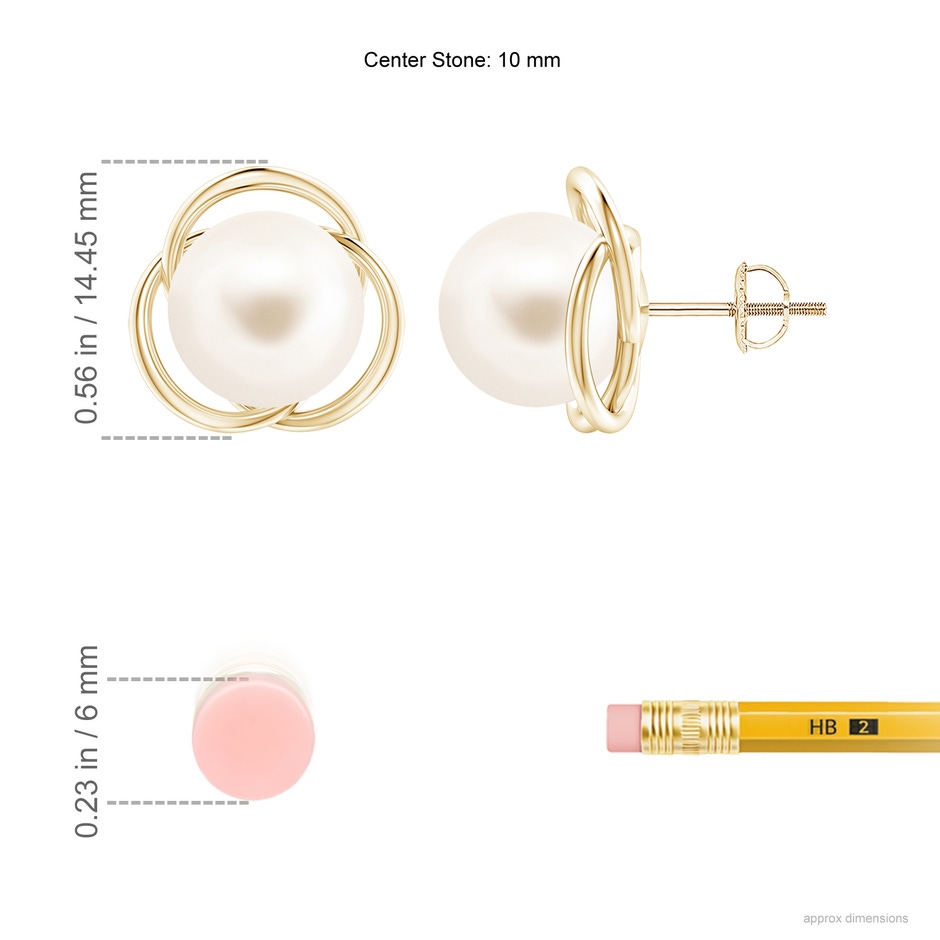 10mm AAA Freshwater Pearl Love Knot Studs in Yellow Gold ruler