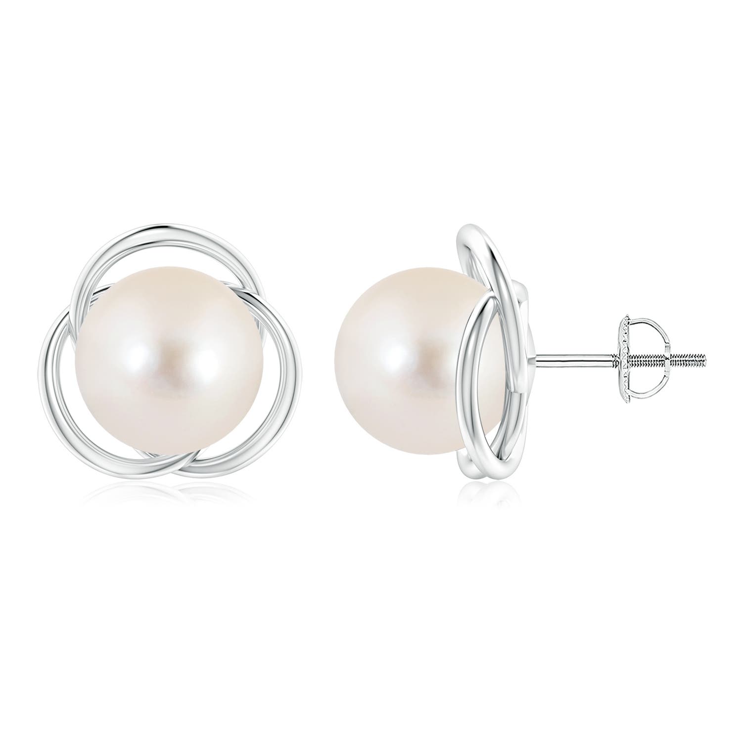 10mm AAAA Freshwater Pearl Love Knot Studs in White Gold